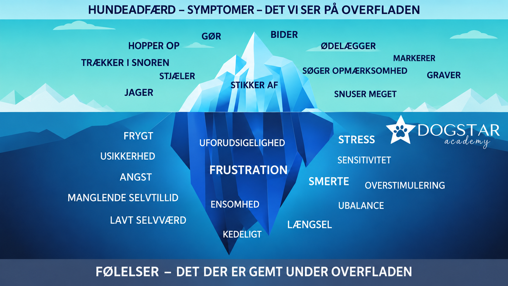 Isbjerg over hundeadfærd: synlig adfærd over vandet og underliggende følelser og årsager under overfladen